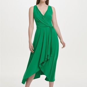 DKNY Green Faux Wrap Handkerchief Jersey Knee Length Dress Womens 16